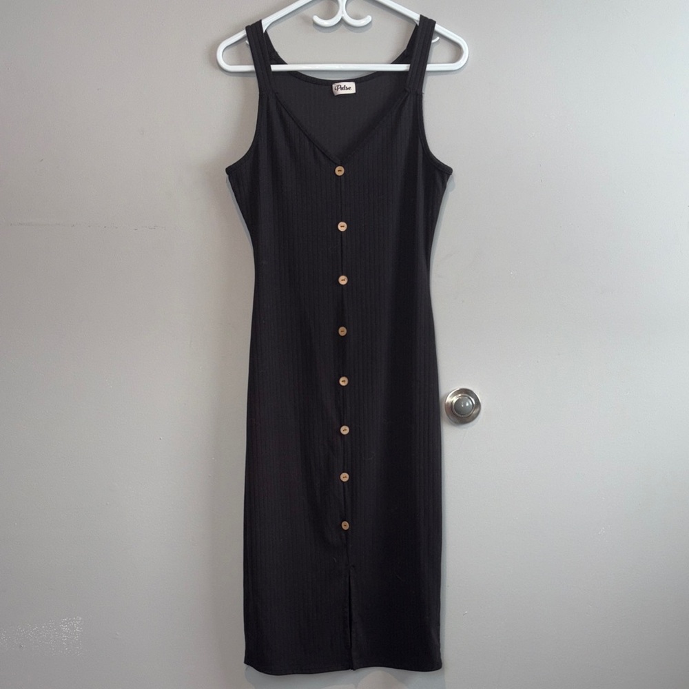 Pulse Black Midi Tank Dress with Wood-Tone Buttons
